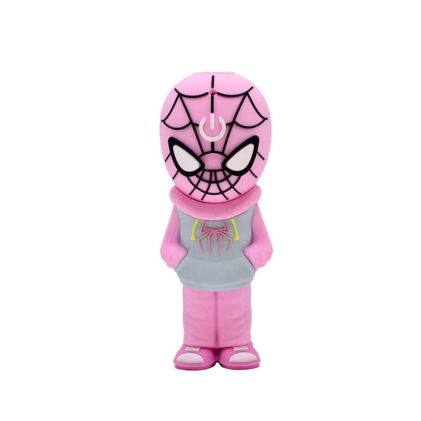 Full body shot of a pink Spider-Man-themed 510 cartridge battery, depicting a cartoon character wearing a grey hoodie with a spider logo.
