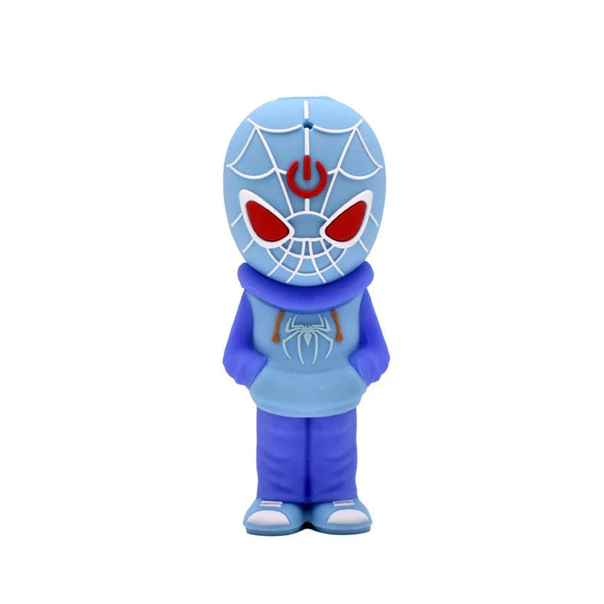 Full body shot of a light blue cartoon character battery, resembling Spider-Man in a hoodie, standing upright against a white background.