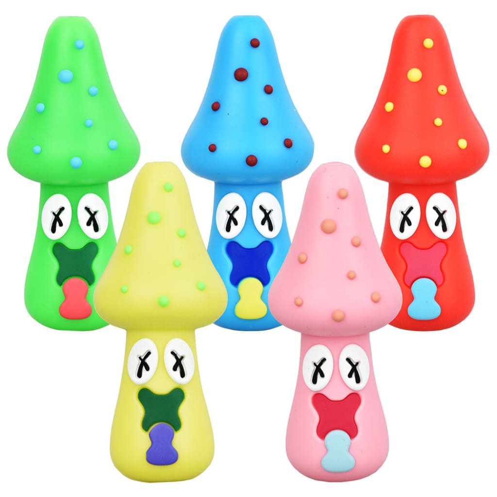 5pc Set - Spacey Facey Mushroom Silicone Hand Pipe - 3’ / Assorted Colors