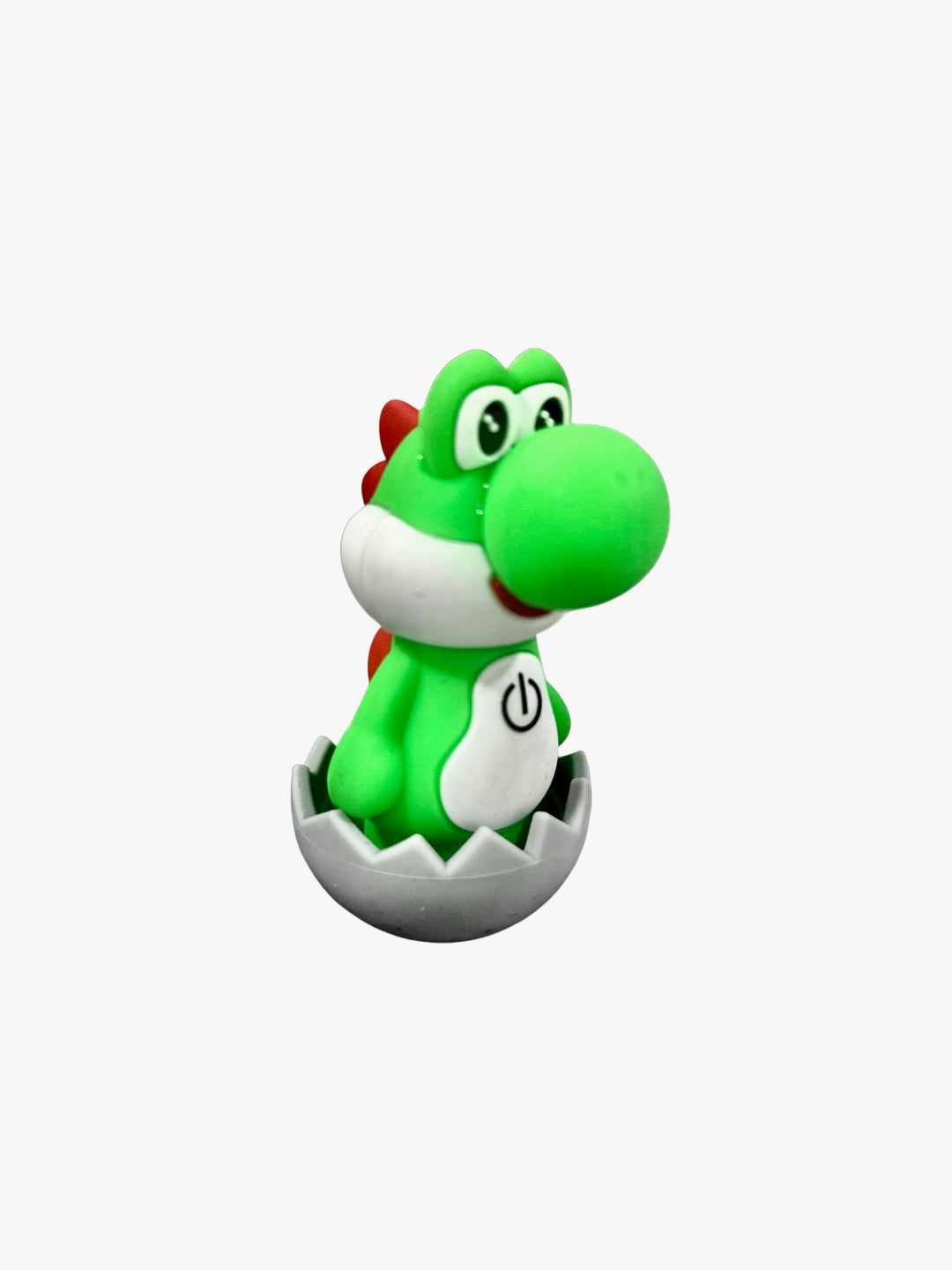 A green dinosaur character, resembling Yoshi, with a white belly and red spikes, emerging from a grey cracked egg, featuring a power symbol on its chest.