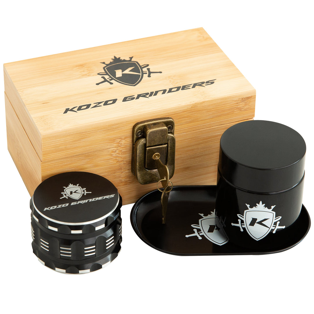 Kozo Small Wooden Stash Box Set with Grinder & Tray