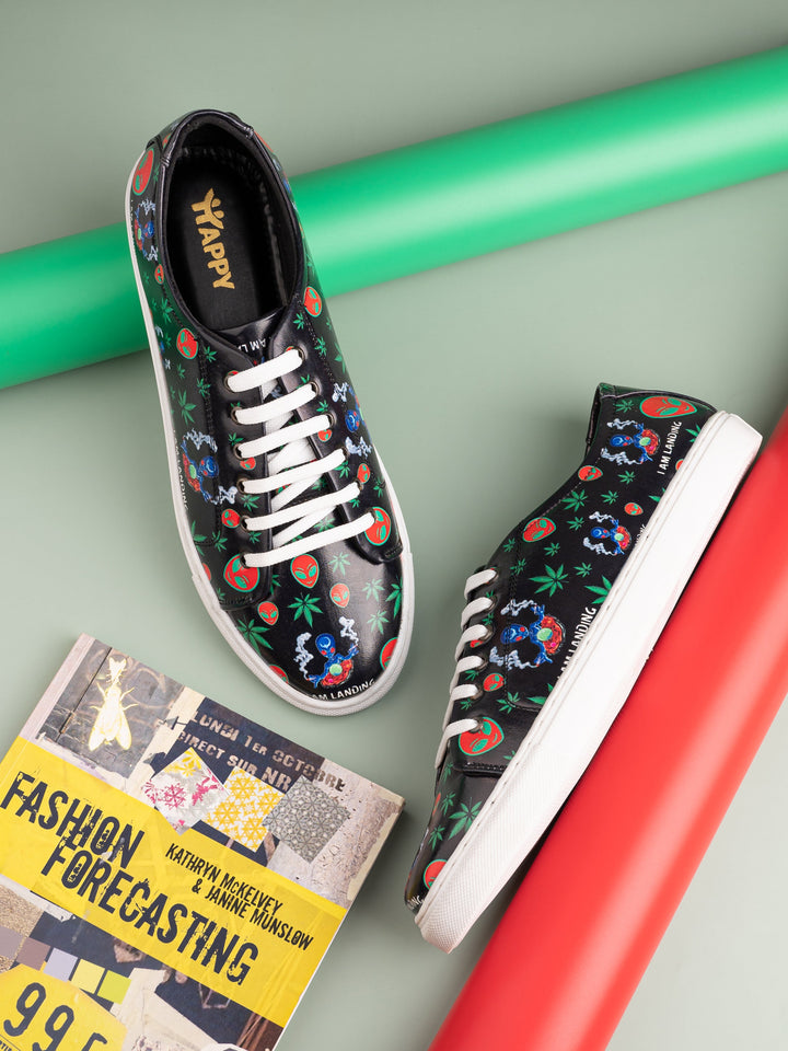 Botanical Pattern Deep Black Vegan Leather Shoes