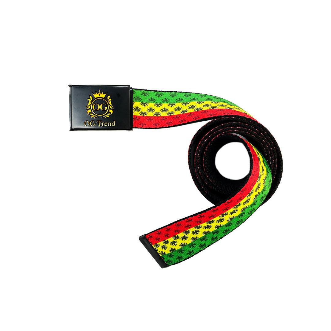 Rasta Stripe Leaf Pattern Belt - Adjustable Unisex