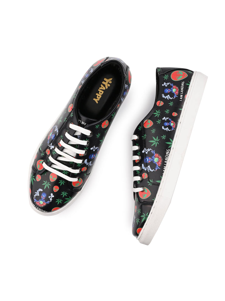 Botanical Pattern Deep Black Vegan Leather Shoes