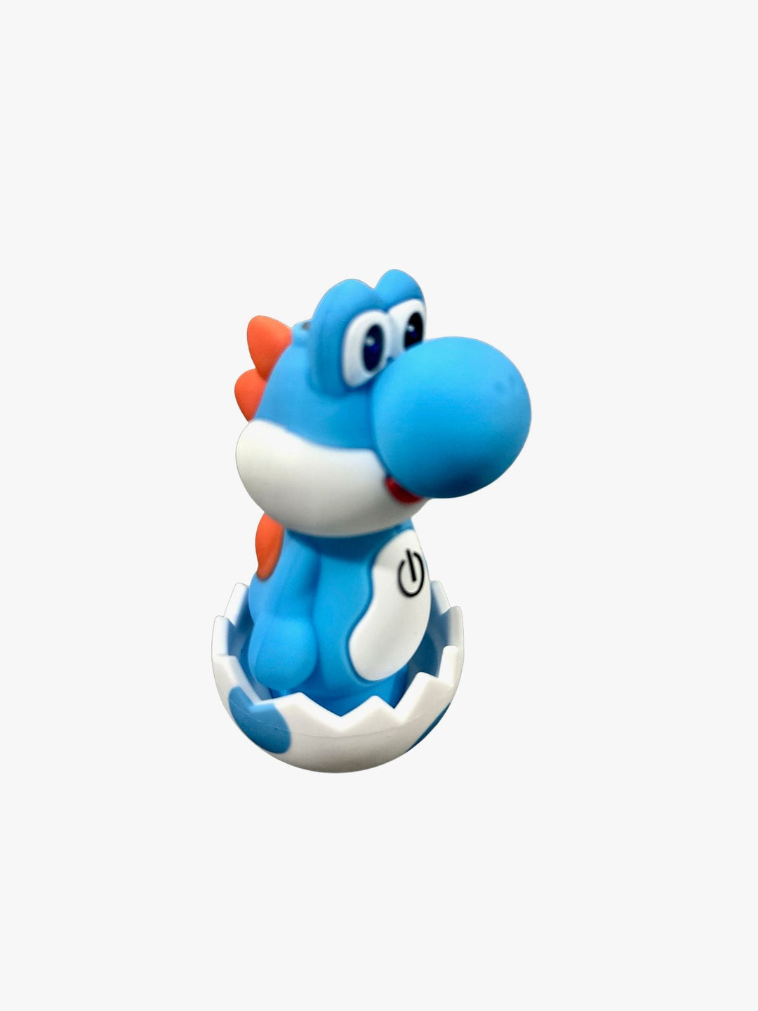 A blue dinosaur-like cartoon character, resembling Yoshi, emerging from a cracked white egg, with a power symbol on its belly, against a white background.