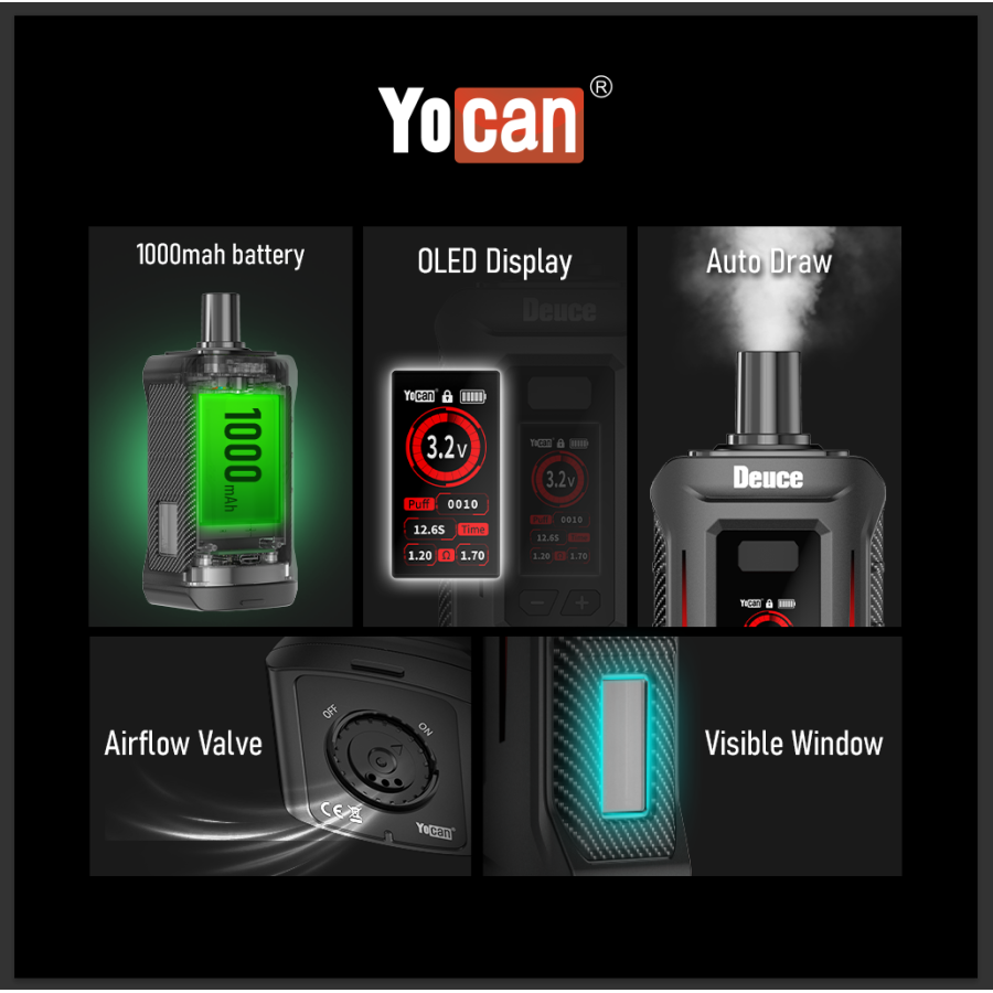 Detail shots of a black vaporizer showing its 1000mAh battery, OLED display, auto-draw feature, airflow valve, and visible window.
