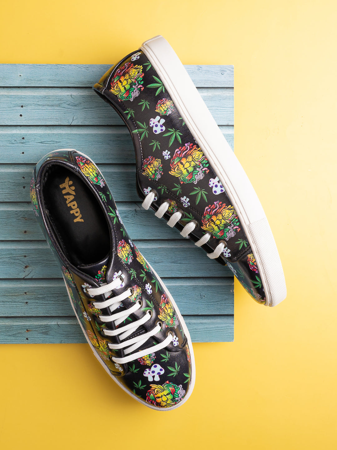 Deep Black Vegan Leather Shoes with Lion Design