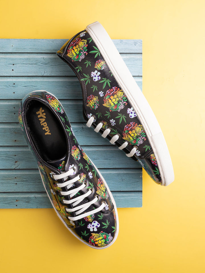Deep Black Vegan Leather Shoes with Lion Design