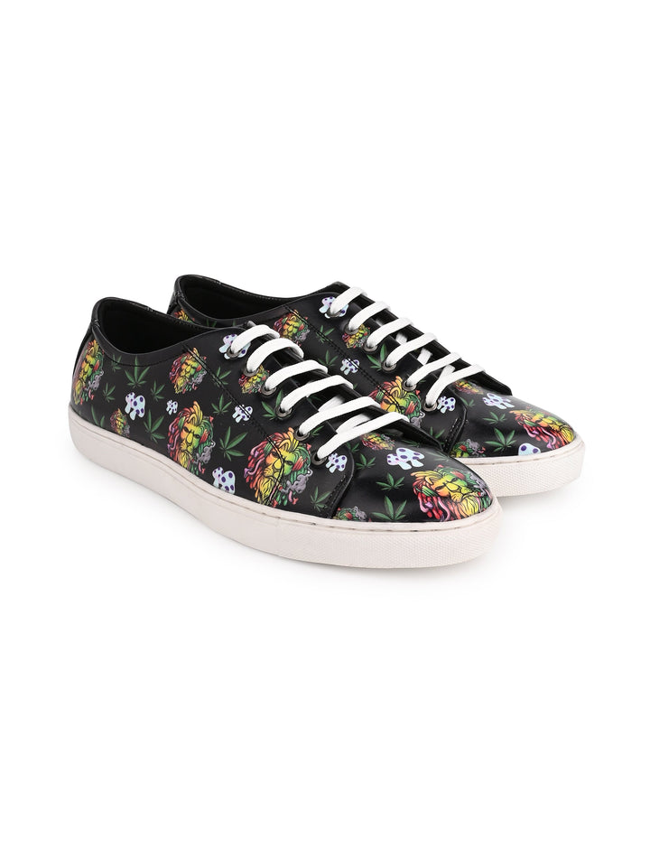 Deep Black Vegan Leather Shoes with Lion Design
