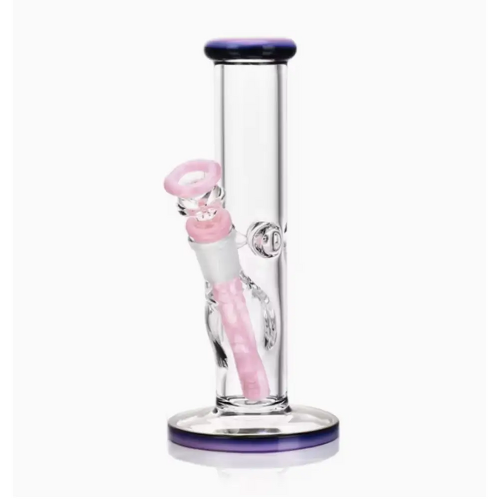 Clear glass straight tube water pipe with purple accents on the mouth and base, featuring a pink downstem and bowl.