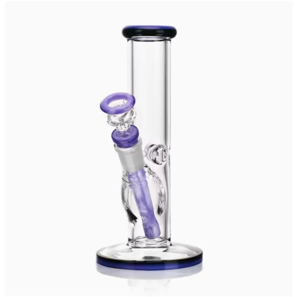 Clear glass straight tube water pipe with purple accents on the mouthpiece, joint, and base, shown against a white background.