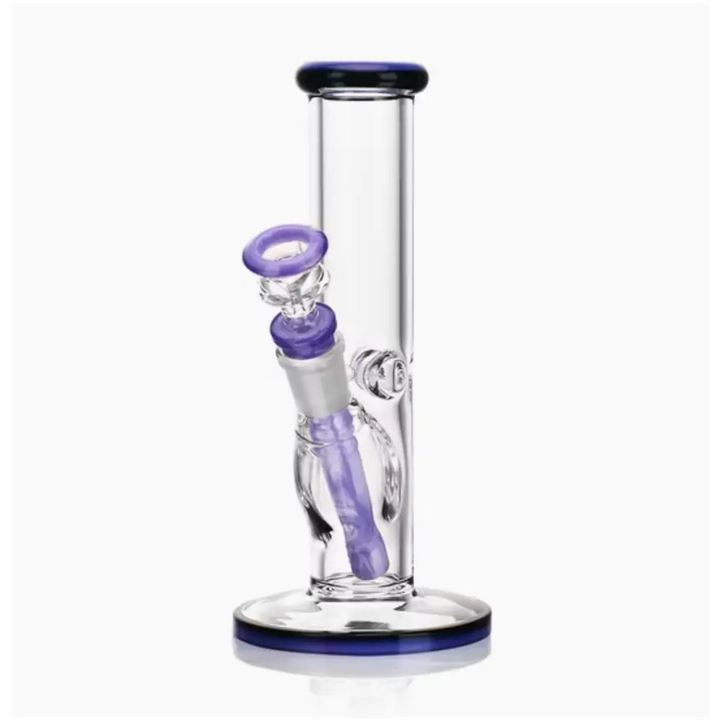 Clear glass straight tube water pipe with purple accents on the mouthpiece, joint, and base, shown against a white background.