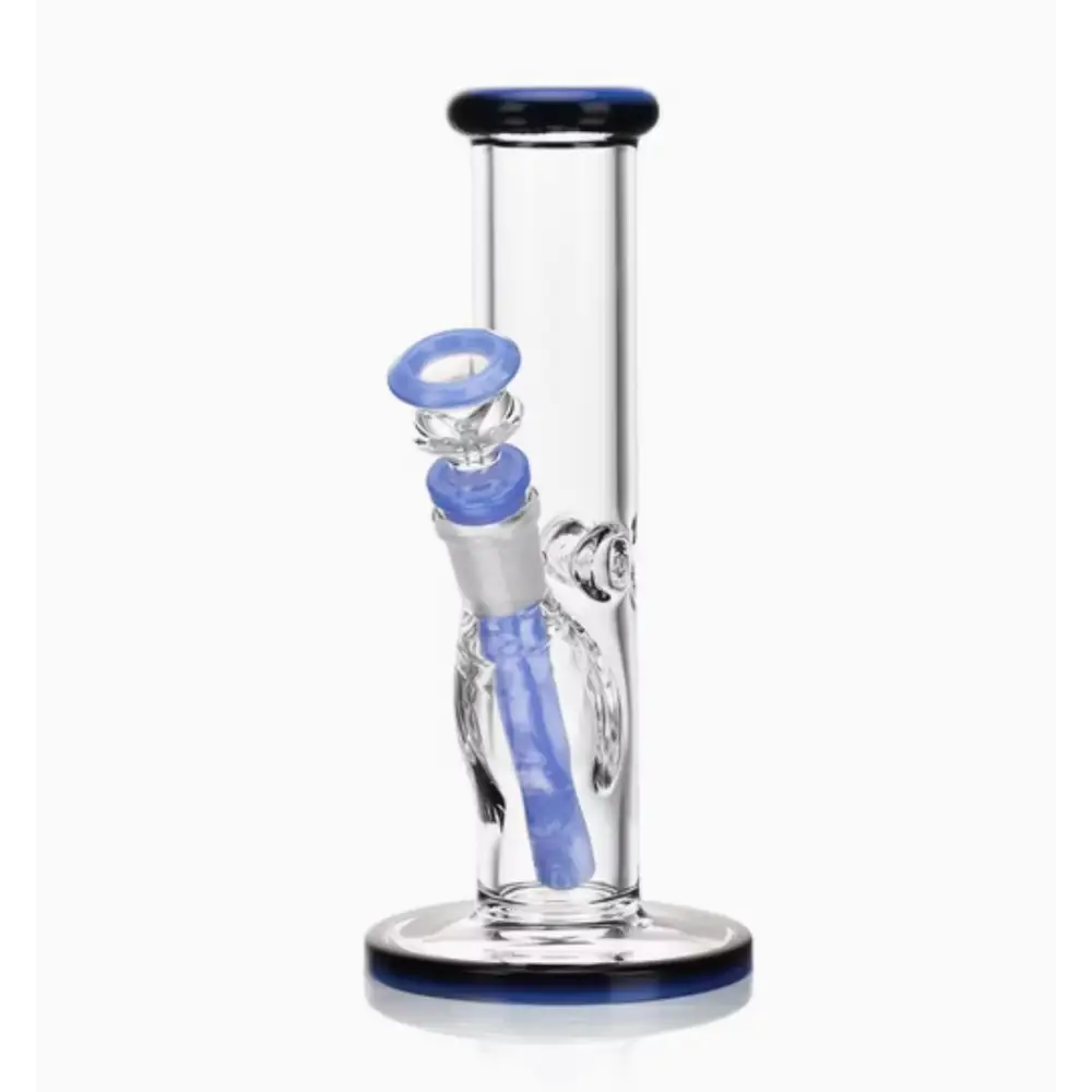 A clear glass straight tube water pipe with dark blue accents on the mouthpiece and base, and a light blue downstem and bowl, shown against a white background.