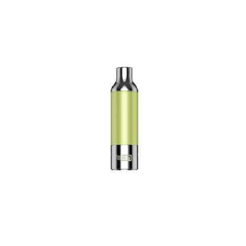 Close-up of a Yocan Evolve replacement vape atomizer, featuring a light green cylindrical body with silver metallic top and base, and the 'Yocan' logo visible at the bottom.