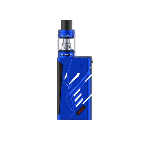A blue and black box-style vaporizer kit with a clear tank on top, featuring an angular, futuristic design.