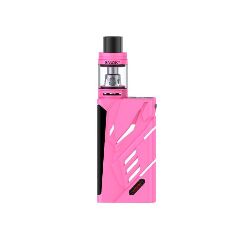 A bright pink box-style vaporizer kit with a clear tank and black mouthpiece, shown upright against a white background.