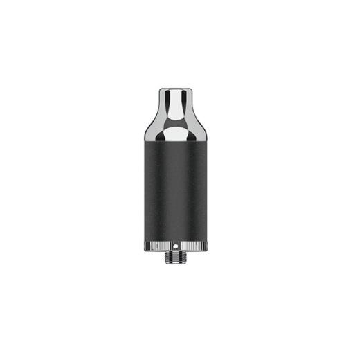 Close-up view of a black and silver concentrate atomizer, showing its cylindrical body and flared mouthpiece.