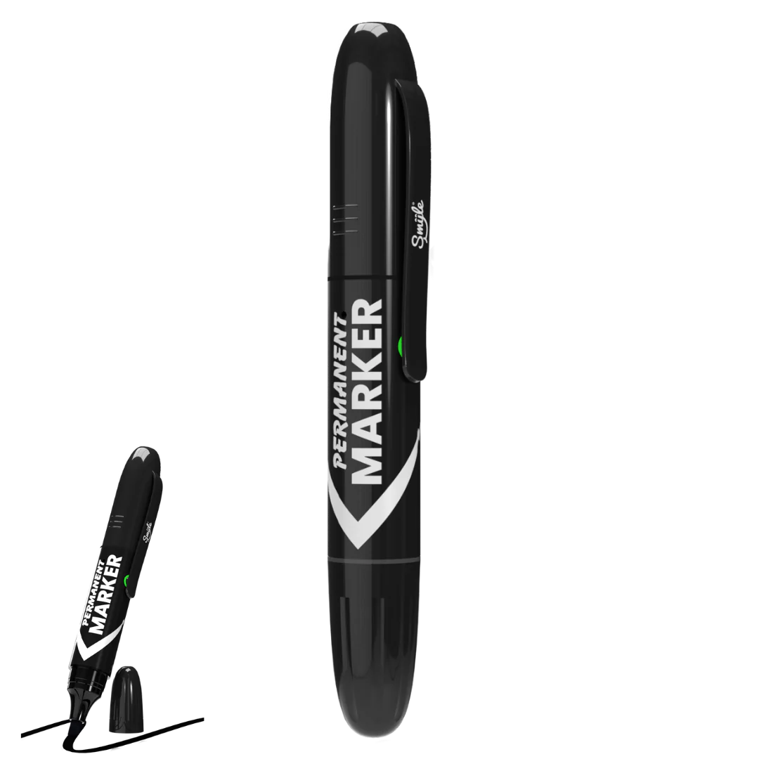 A black permanent marker-shaped cartridge battery with 'PERMANENT MARKER' text and a white checkmark logo on its side, shown upright with a smaller, uncapped version next to it.