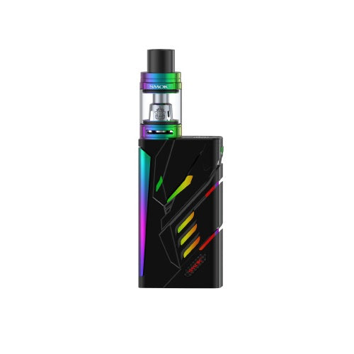 A black vaporizer kit with a rainbow-colored tank and matching iridescent accents on the rectangular mod, set against a white background.