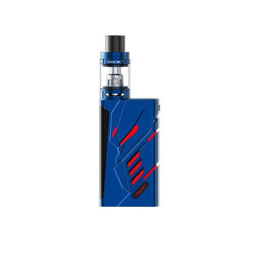 A blue and red SMOK T-Priv 220W Power Vaporizer Kit standing upright against a white background, showcasing its angular design and clear e-liquid tank.