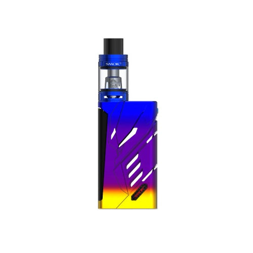 A SMOK T-Priv 220W Power Vaporizer Kit standing upright, featuring a vibrant blue, purple, and yellow gradient finish with angular white accents on the mod, and a matching blue tank on top.