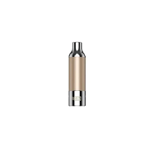 Close-up of a metallic champagne-colored vaporizer atomizer with silver accents and a visible 'ocan' logo on the base.