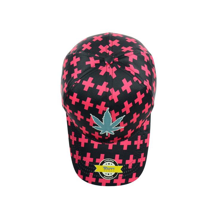 Black Snapback Hat with Pink Leaf Graphic