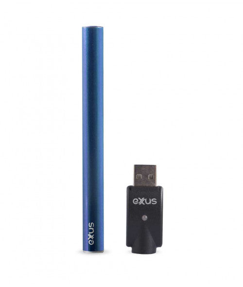 A blue cylindrical vape battery stands upright next to a black USB charger, both featuring the 'exxus' logo, against a white background.