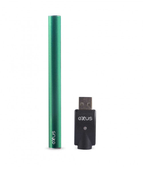 A green, slender, pen-style vaporizer battery stands upright next to a black USB charger with the 'Exxus' logo, both against a white background.