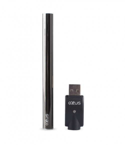 A dark metallic cylindrical vape pen battery and its black USB charger, both branded 'exxus', are displayed against a white background.