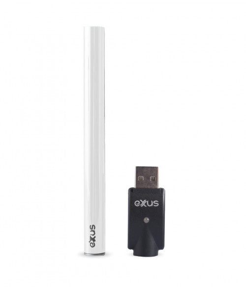 A white, pen-style vaporizer battery stands upright next to a black USB charger, both featuring the 'Exxus' logo. This image highlights the battery and its dedicated charging accessory.