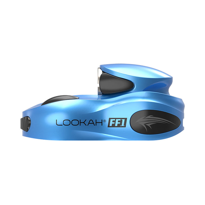 Side view of a sleek, bright blue 510 cartridge vape battery with black accents and 'LOOKAH FF1' branding, presented against a white background.