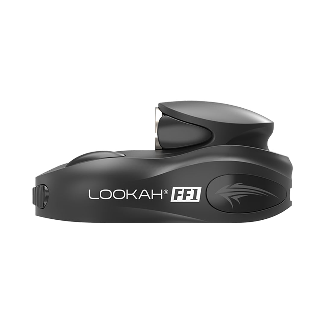 Side view of a black Lookah FF1 510 cartridge vape battery, displaying the brand name and a stylized logo on its surface.