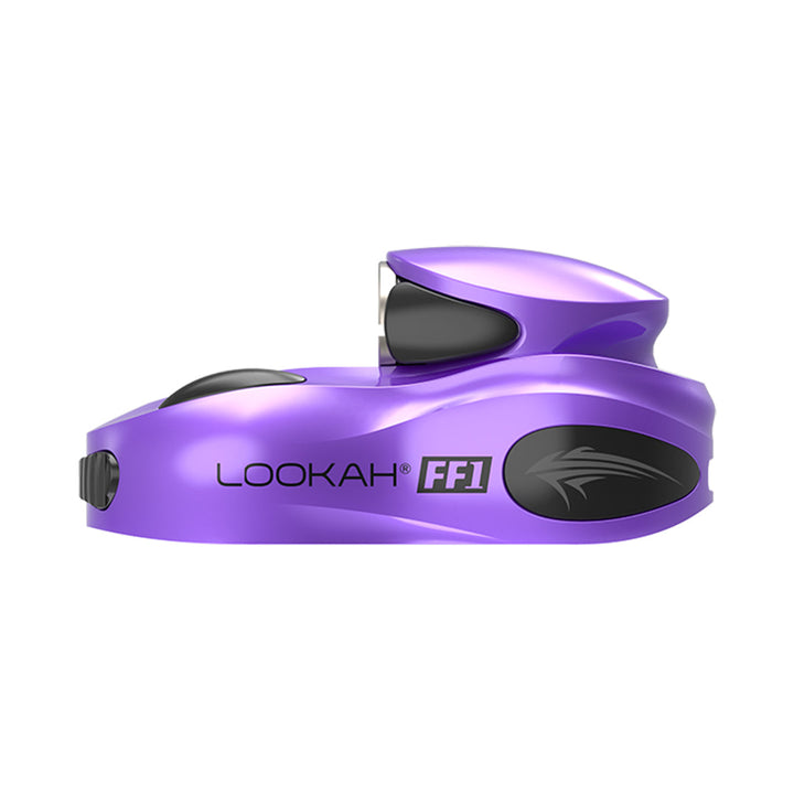 Side view of a sleek, purple 510 cartridge vape battery with black accents and 'LOOKAH FF1' branding, set against a white background.