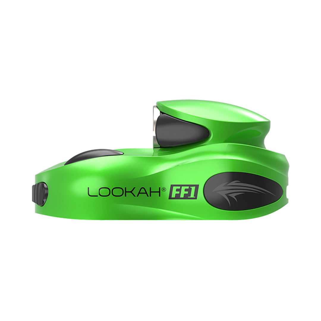 Side view of a bright green, sleek vape battery with black accents and the 'LOOKAH FF1' logo prominently displayed. This image highlights the device's compact and ergonomic design.