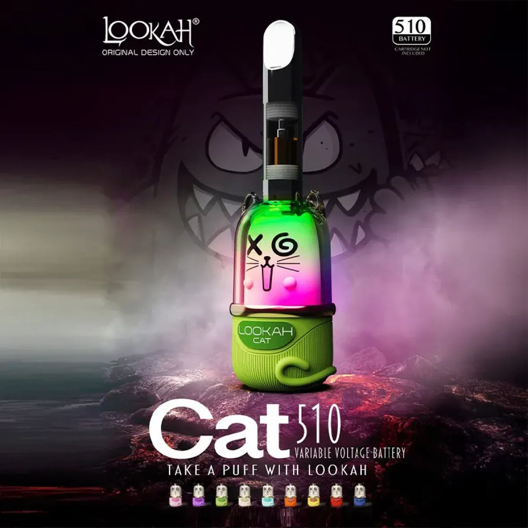 A vibrant product shot of a cat-themed 510 cartridge battery, featuring a glowing, color-changing cat face on a green base, with various color options displayed at the bottom.