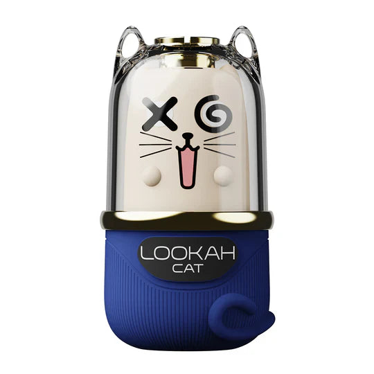 Front view of a blue and white cat-shaped 510 cartridge battery with a clear top, featuring a cartoon cat face design and a small tail on the side.