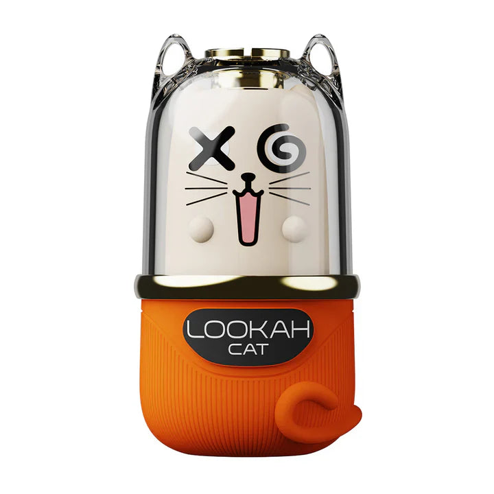 A discreet 510 cartridge battery shaped like a cartoon cat, featuring an orange base and a clear top with a winking cat face.
