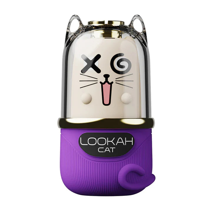 Front view of a purple and white cat-themed 510 cartridge battery, featuring a winking cartoon cat face design on its clear top and a curled tail detail on the base.