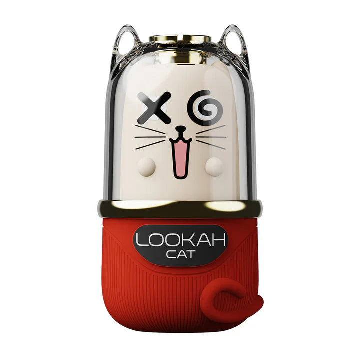 Front view of a red and white cat-themed 510 cartridge battery with a cartoon cat face, clear cat ears, and a red silicone base with a tail.