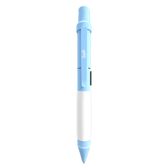 Full-length, front-on view of a light blue pen-shaped 510 cartridge battery with a white grip section and a small 'Smile' logo on the upper body.