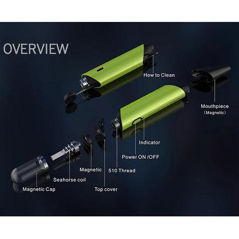 Exploded view of a lime green concentrate vaporizer, detailing its magnetic cap, seahorse coil, 510 thread, top cover, power button, indicator light, and magnetic mouthpiece with labels.
