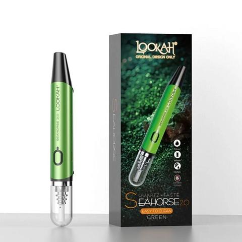 A green pen-style vaporizer stands next to its matching retail box, both featuring the 'Lookah Seahorse 2.0' branding. The device has a clear bottom section.