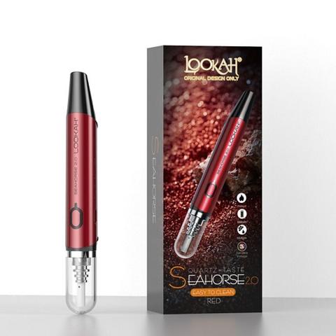 Red Lookah Seahorse 2.0 concentrate collector kit standing upright next to its black and red retail packaging.