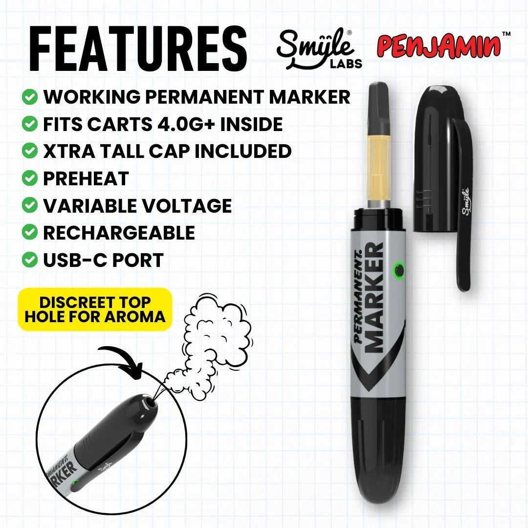 A close-up detail shot of a vape battery disguised as a permanent marker, highlighting its features list, brand logos, and a diagram showing a discreet top hole for aroma.