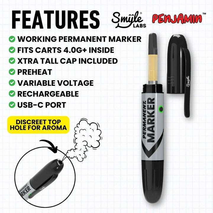 A close-up detail shot of a vape battery disguised as a permanent marker, highlighting its features list, brand logos, and a diagram showing a discreet top hole for aroma.