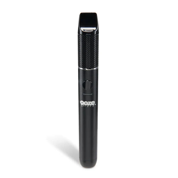 A sleek, black, pen-style vaporizer with a textured upper body and a silver-tipped mouthpiece, featuring a circular button and the 'Ooze' logo on its side, standing vertically.