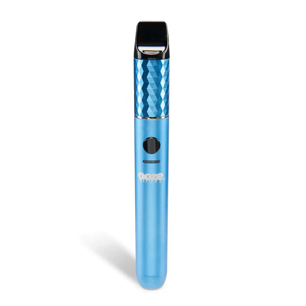 A sleek, light blue pen-style vaporizer with a faceted, geometric pattern on the upper body and a black mouthpiece, standing upright against a white background.