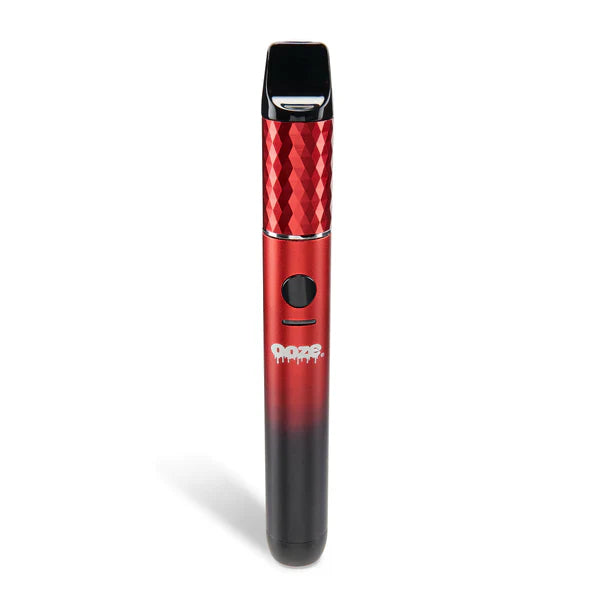 A sleek, pen-style vaporizer with a red faceted top half that fades into a black bottom half, featuring a central button and the 'Ooze' logo.