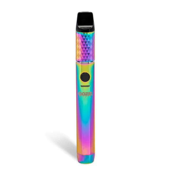 Front view of a rainbow iridescent vape pen with a geometric patterned top section and a black button, standing upright against a white background.
